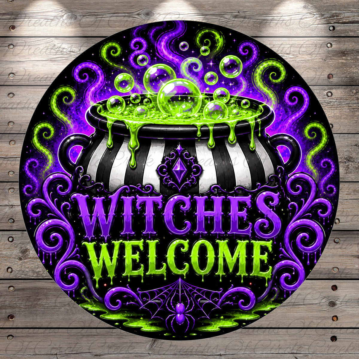 A circular sign with a black and white striped pot with bubbling green liquid, surrounded by swirling purple and green patterns. The text "WITCHES WELCOME" is prominently displayed in the center of the sign.
