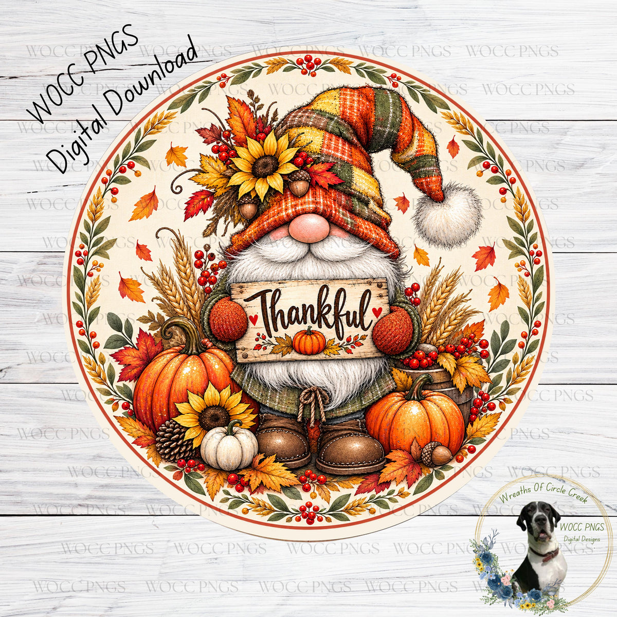 A digital illustration of a gnome holding a sign that says "Thankful" surrounded by autumn-themed elements such as pumpkins, sunflowers, and leaves.