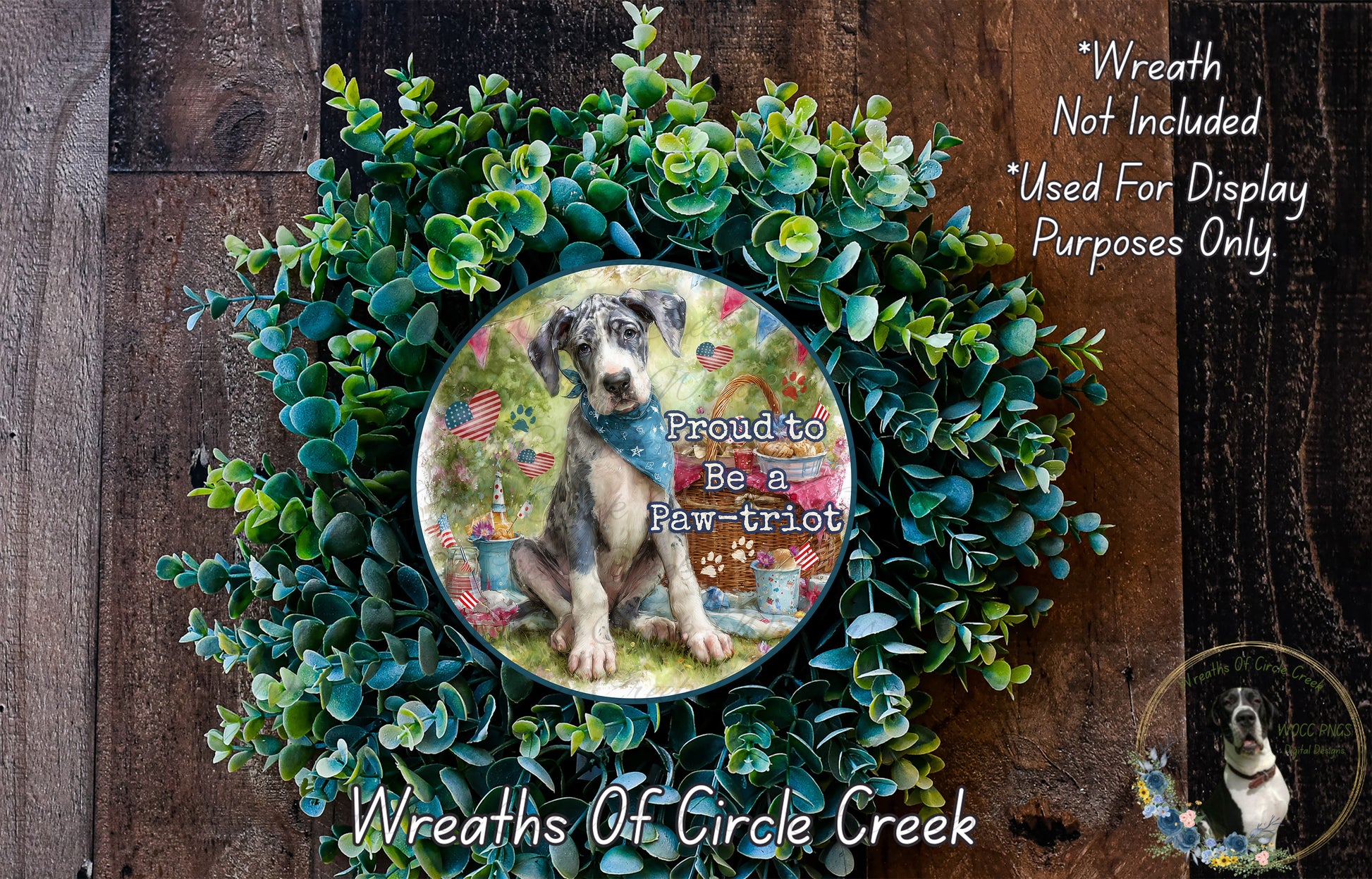 A wreath made of green leaves and flowers, with a dog in the center, surrounded by text that reads "Proud to Be a Paw-trot Wreath of Circle Creek".