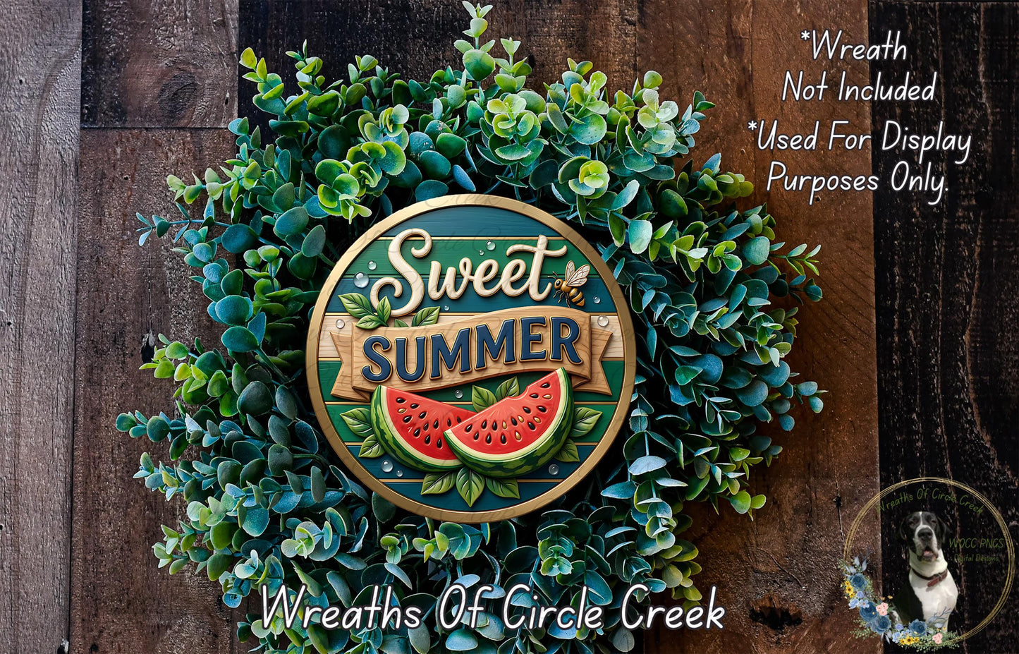 a wreath made of various green plants and a watermelon slice, with the text "Sweet Summer Wreath" displayed on it.
