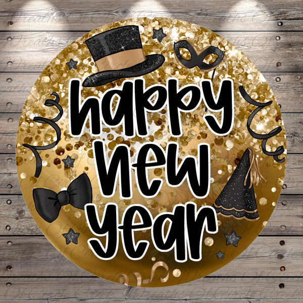The image is a circular graphic with a gold background and black text that reads "Happy New Year". The text is surrounded by various decorative elements such as a top hat, a mask, and stars, creating a festive and celebratory atmosphere.