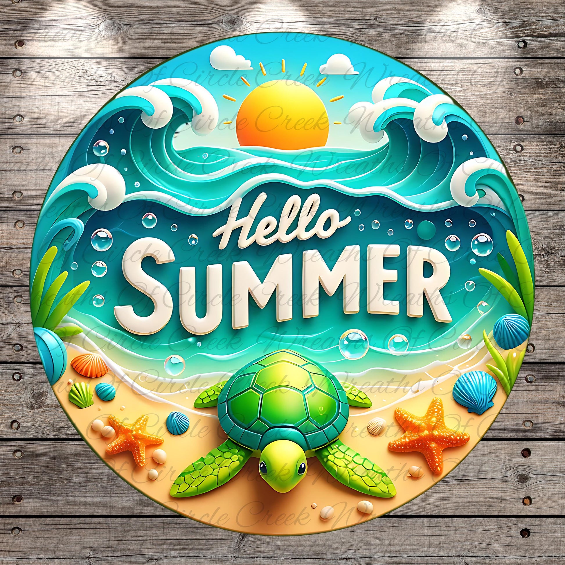 A circular graphic design featuring a turtle, seashells, starfish, and a beach scene with a sun and waves, along with the text "Hello Summer" prominently displayed.