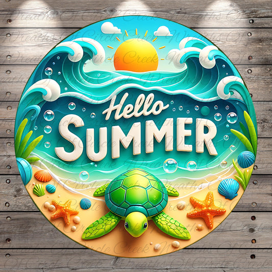 A circular graphic design featuring a turtle, seashells, starfish, and a beach scene with a sun and waves, along with the text "Hello Summer" prominently displayed.