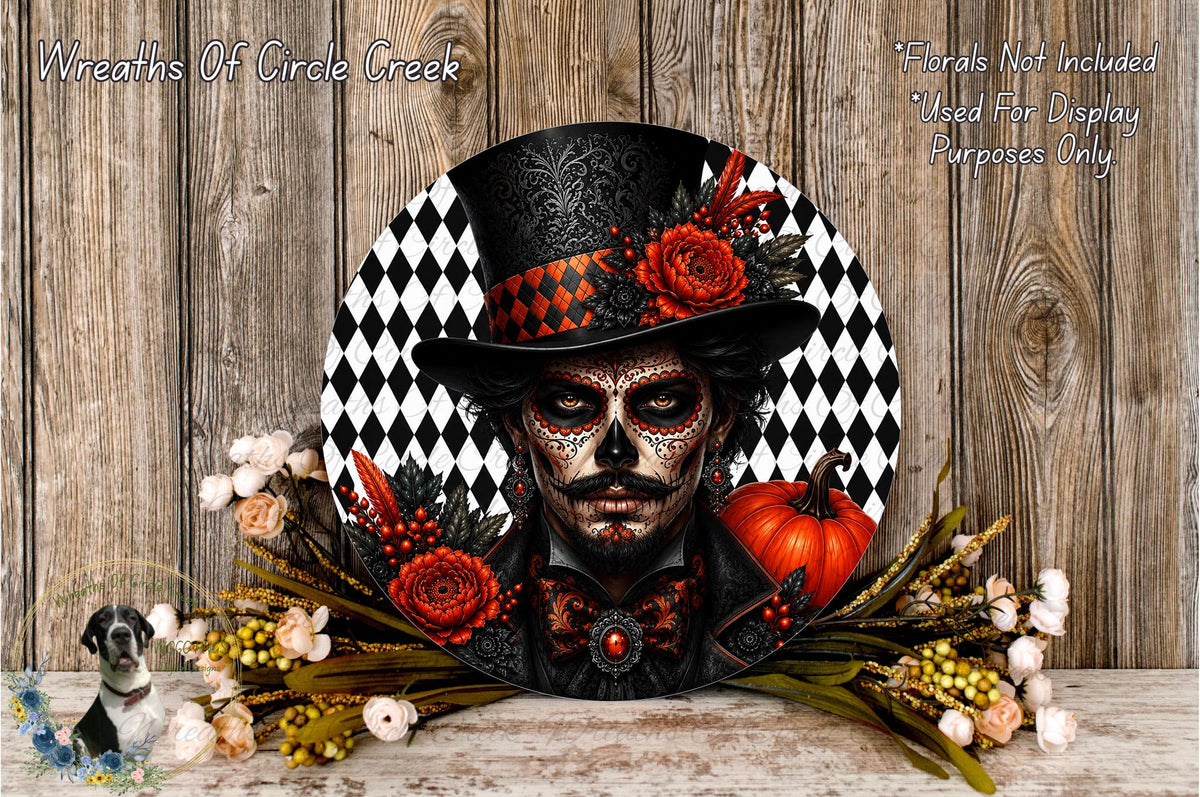 a decorative wreath with a skull design, surrounded by flowers and a pumpkin. The wreath is placed on a wooden surface, and the image includes text that reads "Wreaths Of Circle Creek" and "Florals Not Included Used For Display Purposes Only".