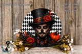 a decorative wreath with a skull design, surrounded by flowers and a pumpkin. The wreath is placed on a wooden surface, and the image includes text that reads "Wreaths Of Circle Creek" and "Florals Not Included Used For Display Purposes Only".
