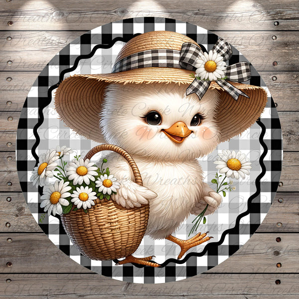 A cheerful cartoon chicken wearing a straw hat and holding a basket of flowers, set against a wooden background with a checkered pattern.