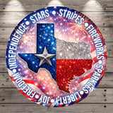 The image is a circular design featuring the state of Texas with a star and fireworks in the background.