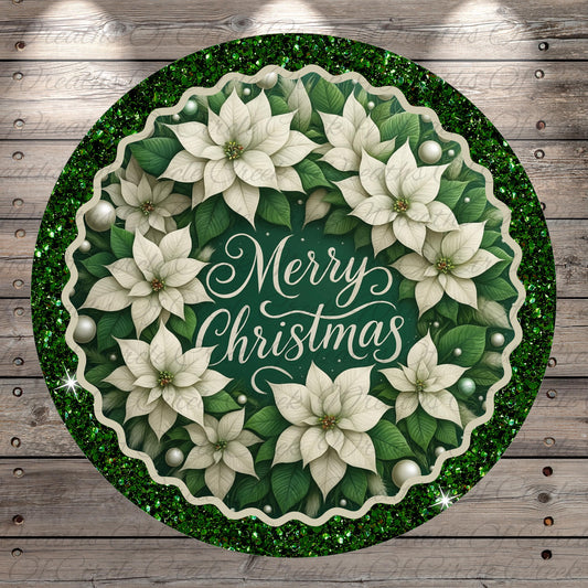 A circular wreath with white poinsettia flowers and green leaves, surrounded by a glittery border. The wreath has the text "Merry Christmas" written on it.