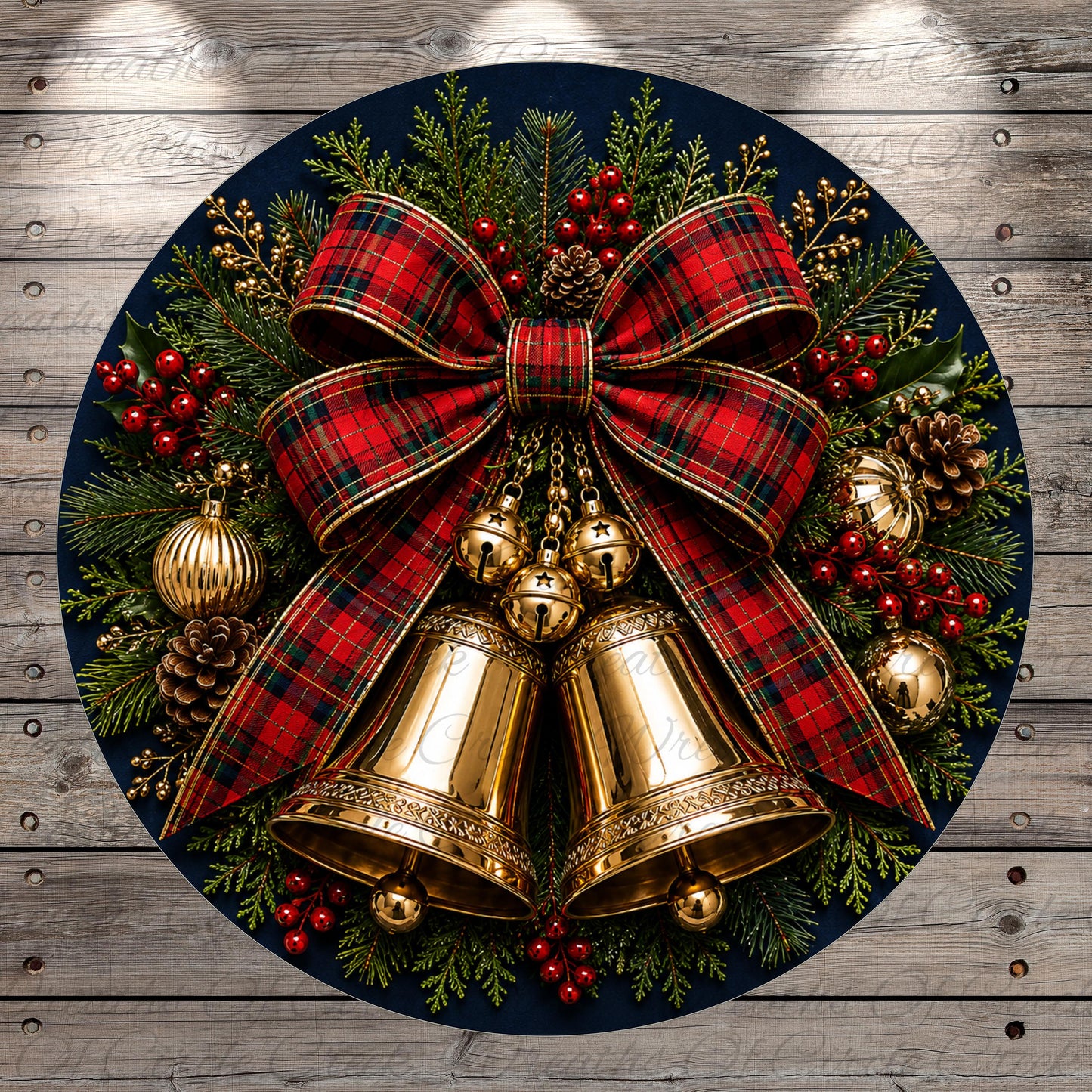 A festive Christmas wreath with a large red and black plaid bow, golden bells, pine cones, berries, and greenery.