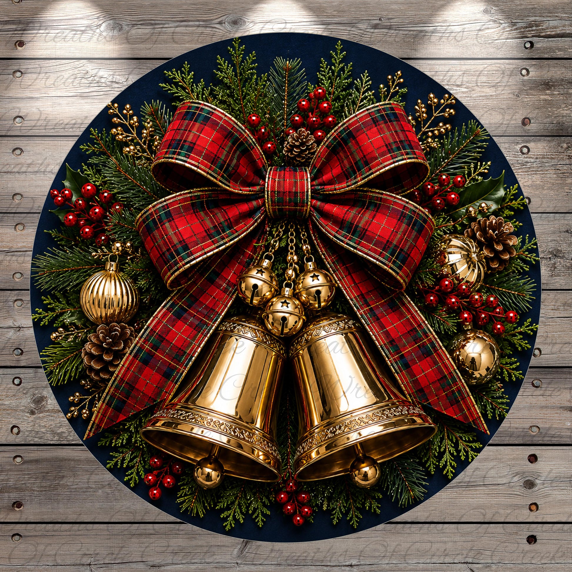 A festive Christmas wreath with a large red and black plaid bow, golden bells, pine cones, berries, and greenery.
