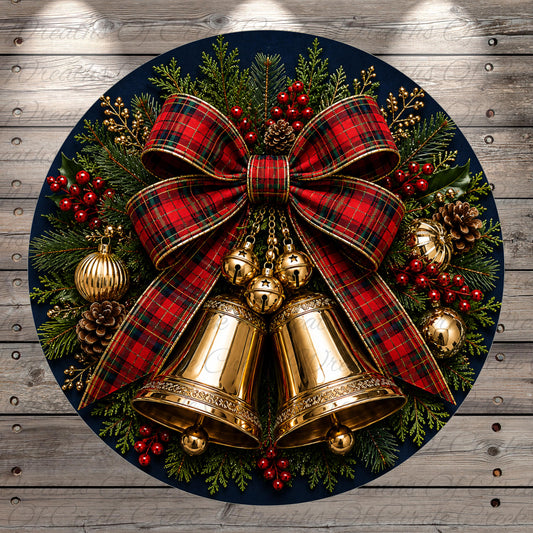 A festive Christmas wreath with a large red and black plaid bow, golden bells, pine cones, berries, and greenery.