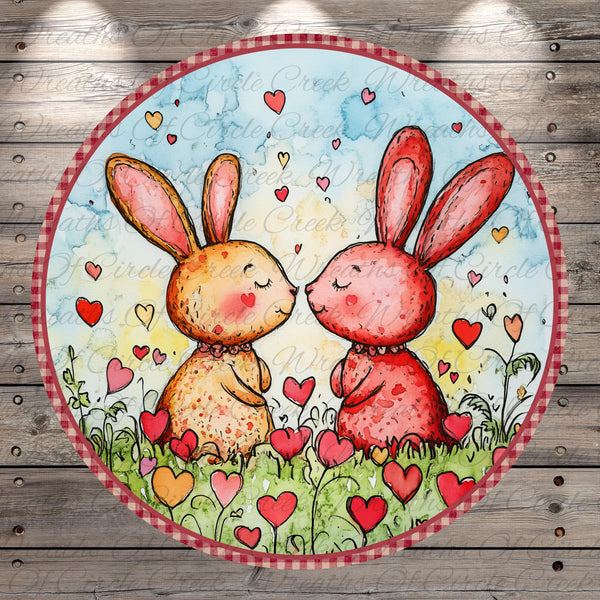 A pair of rabbits, one brown and one pink, are sitting in a grassy field surrounded by flowers and hearts.