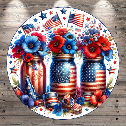 A patriotic collage featuring three mason jars filled with vibrant red, blue, and white flowers, surrounded by American flags and other patriotic symbols.
