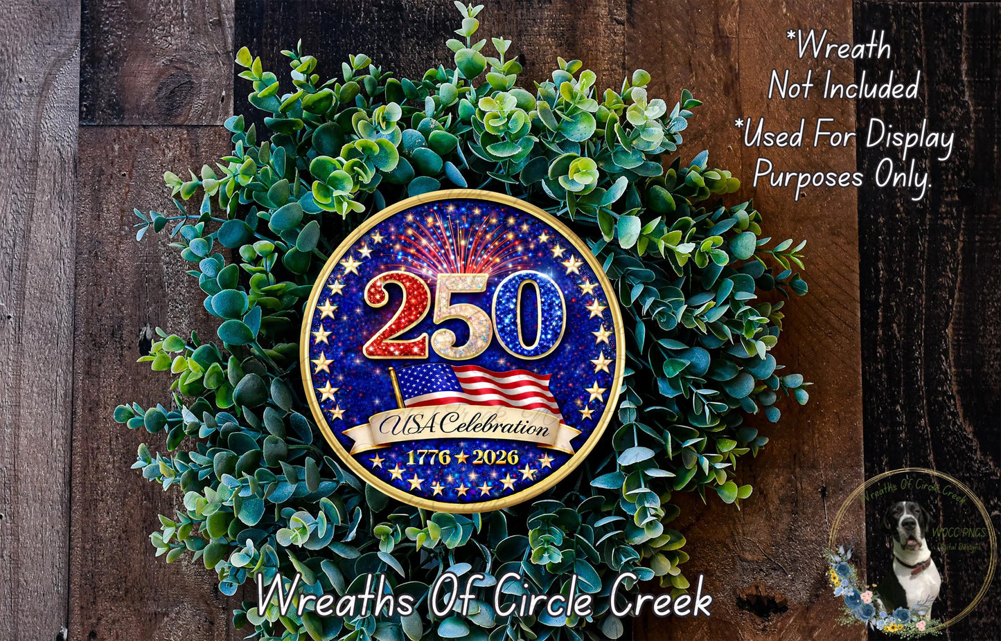 A wreath made of green leaves and a circular plaque with the number "250" and the text "USA Celebration 1776-2026" is displayed on a wooden background.