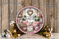 a decorative plate with a floral arrangement and a heart-shaped wreath, placed on a wooden surface. The plate is surrounded by various flowers and greenery, creating a charming and festive atmosphere.