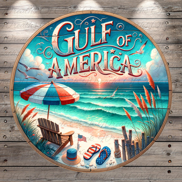 Gulf of America Sunset Sign | Lightweight Round Metal Wreath Sign | No Holes in Sign | Coastal Americana Decor