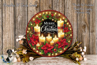 A festive Christmas wreath with lit candles, poinsettias, and other holiday decorations, displayed on a wooden surface.