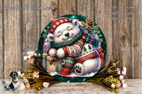 A round, decorative wreath featuring a smiling polar bear wearing a red and green sweater, surrounded by a wreath of flowers and a green border.