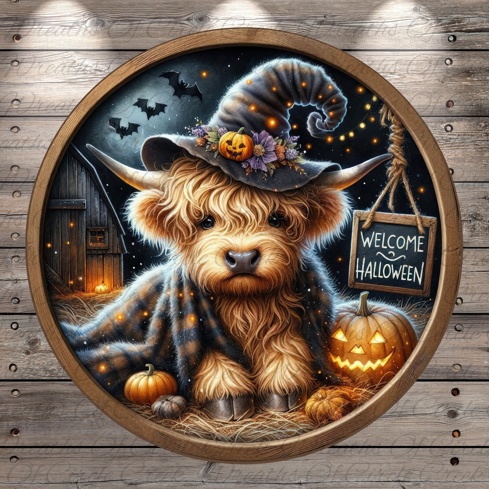 A round wooden frame with a Halloween-themed illustration inside, featuring a blonde dog wearing a witch's hat, surrounded by pumpkins, a carved jack-o-lantern, and a "Welcome to Halloween" sign.