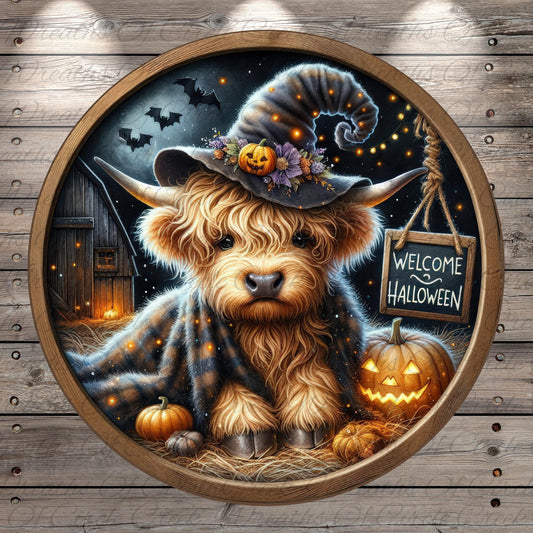 A round wooden frame with a Halloween-themed illustration inside, featuring a blonde dog wearing a witch's hat, surrounded by pumpkins, a carved jack-o-lantern, and a "Welcome to Halloween" sign.