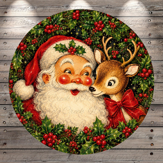 A round, festive Christmas wreath with a smiling Santa Claus and a deer wearing a red bow, surrounded by holly leaves and berries.