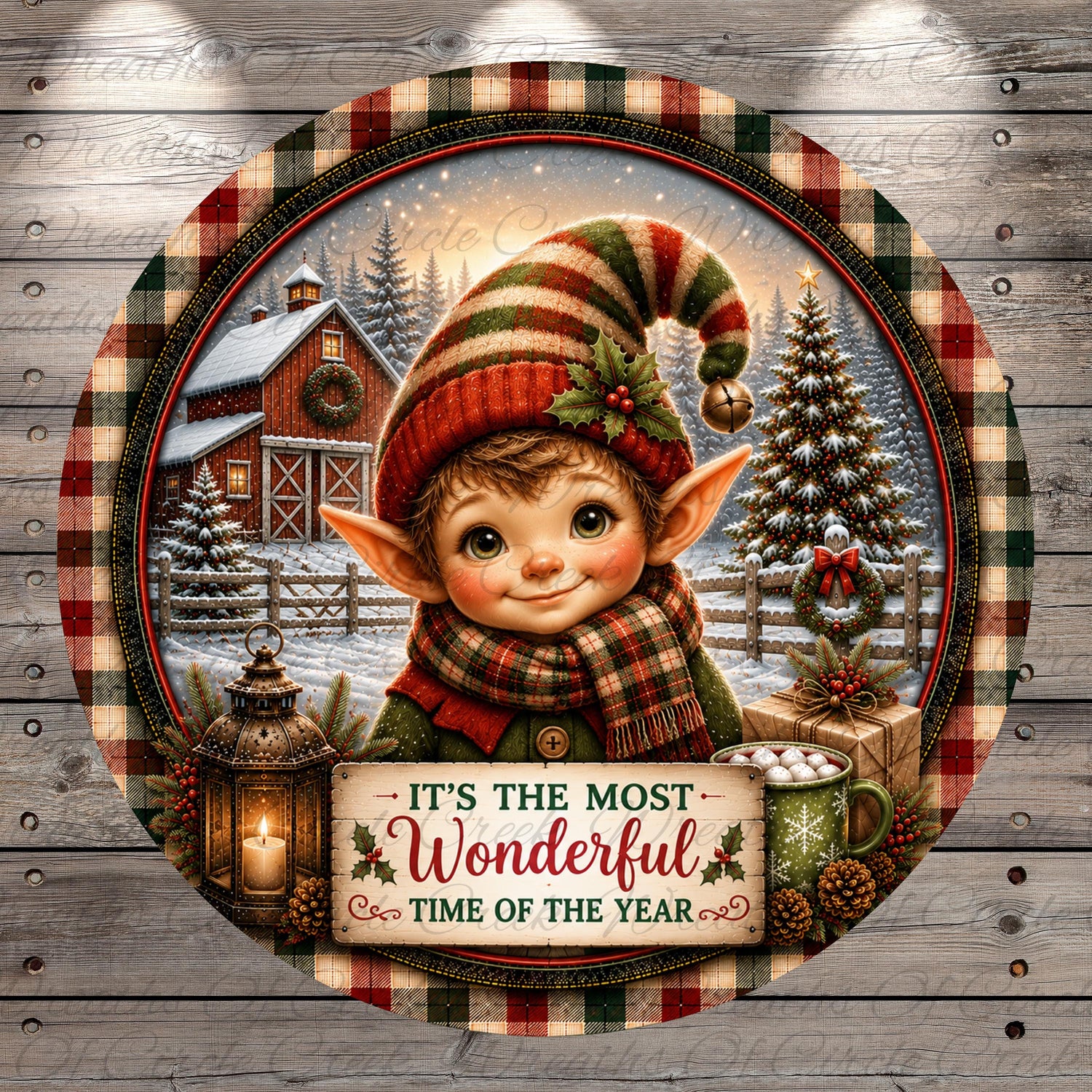A festive Christmas scene featuring a smiling elf wearing a striped hat and scarf, surrounded by holiday decorations such as a lantern, a Christmas tree, and a wreath.