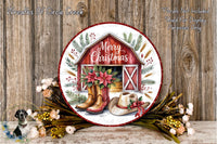 a festive Christmas wreath with a barn and boots, surrounded by flowers and greenery. The wreath is displayed on a wooden surface, and there is a barn and boots depicted within the wreath.