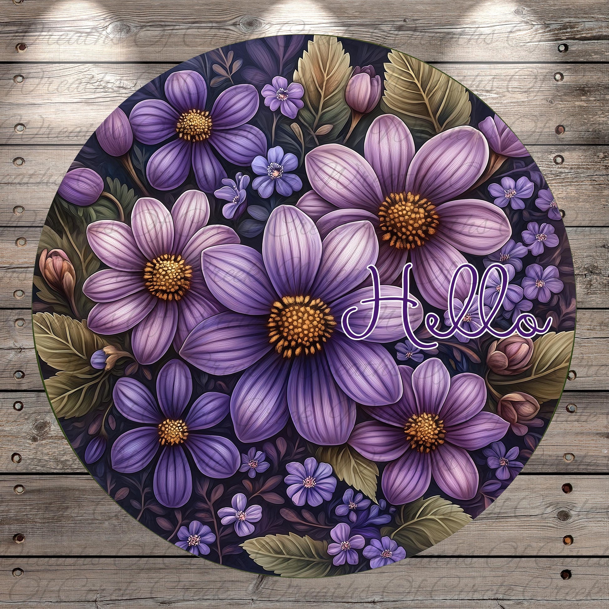 a painting of purple flowers on a wooden background