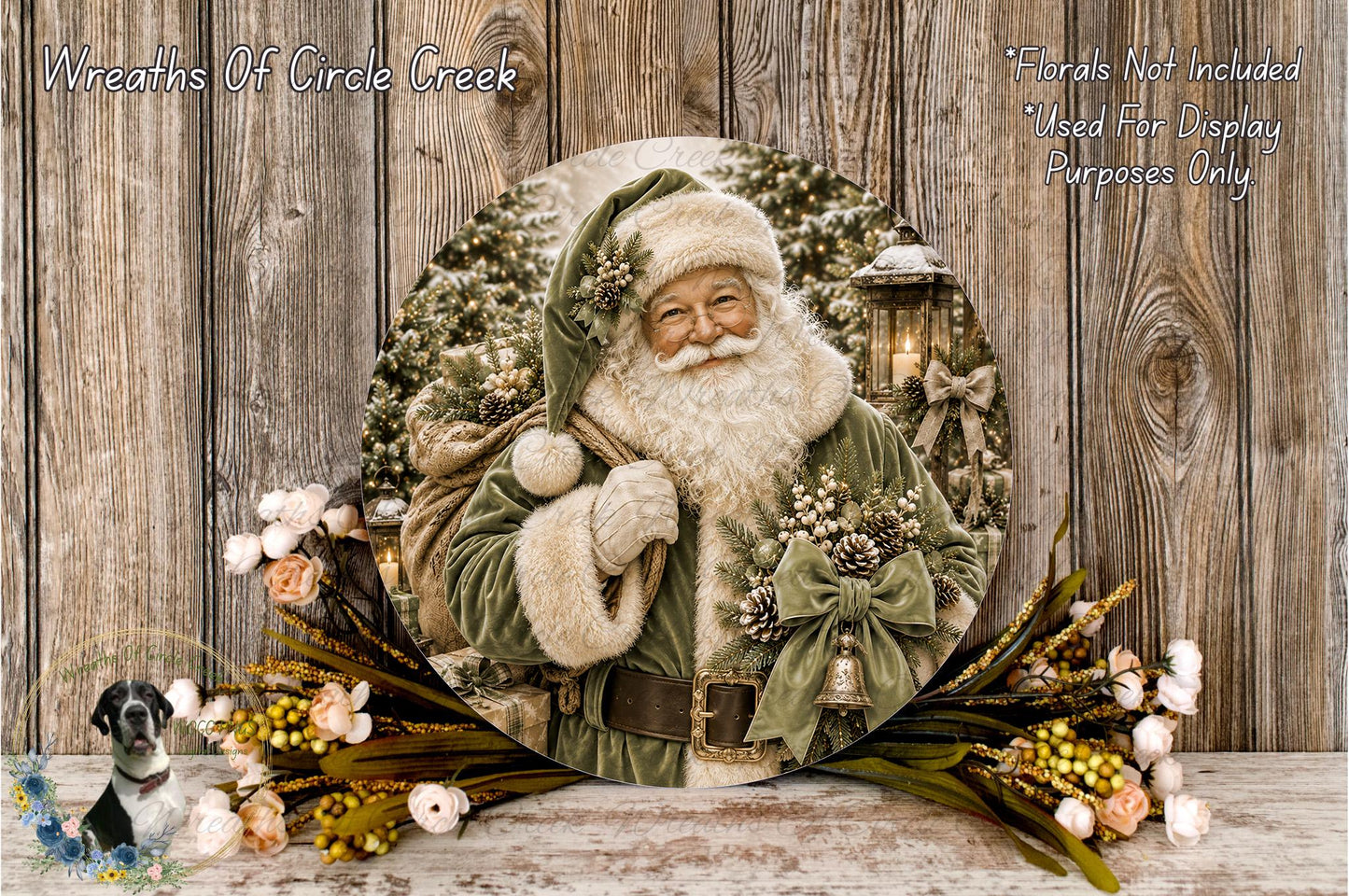 A round, wooden-framed picture of Santa Claus holding a sack of presents, surrounded by a wreath of flowers and greenery.
