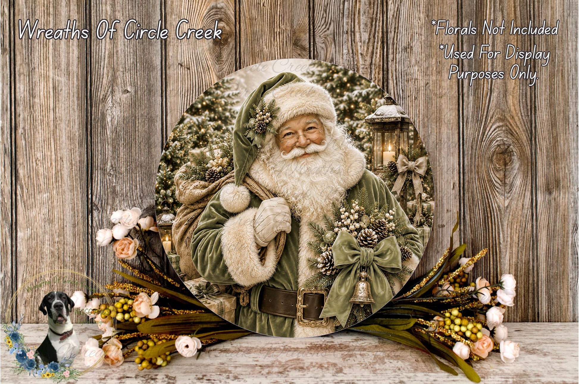 A round, wooden-framed picture of Santa Claus holding a sack of presents, surrounded by a wreath of flowers and greenery.