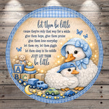 The image is a decorative border with a baby blue theme, featuring a baby swan, a teddy bear, and various baby-related objects such as a car, a train, and a castle. The border also contains a message that reads "let them be little" and includes a nursery rhymes-inspired design with a blue and white color scheme.