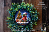 A wreath featuring a Christmas tree with a cartoon alligator wearing a red sweater and a Santa hat, surrounded by greenery.