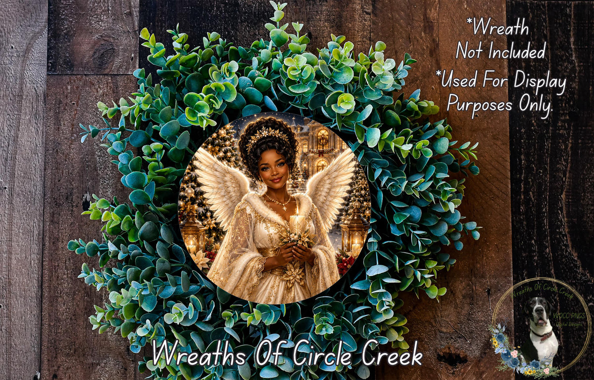 A wreath with a woman in an angelic dress, surrounded by green leaves and flowers, with a dog in the corner.