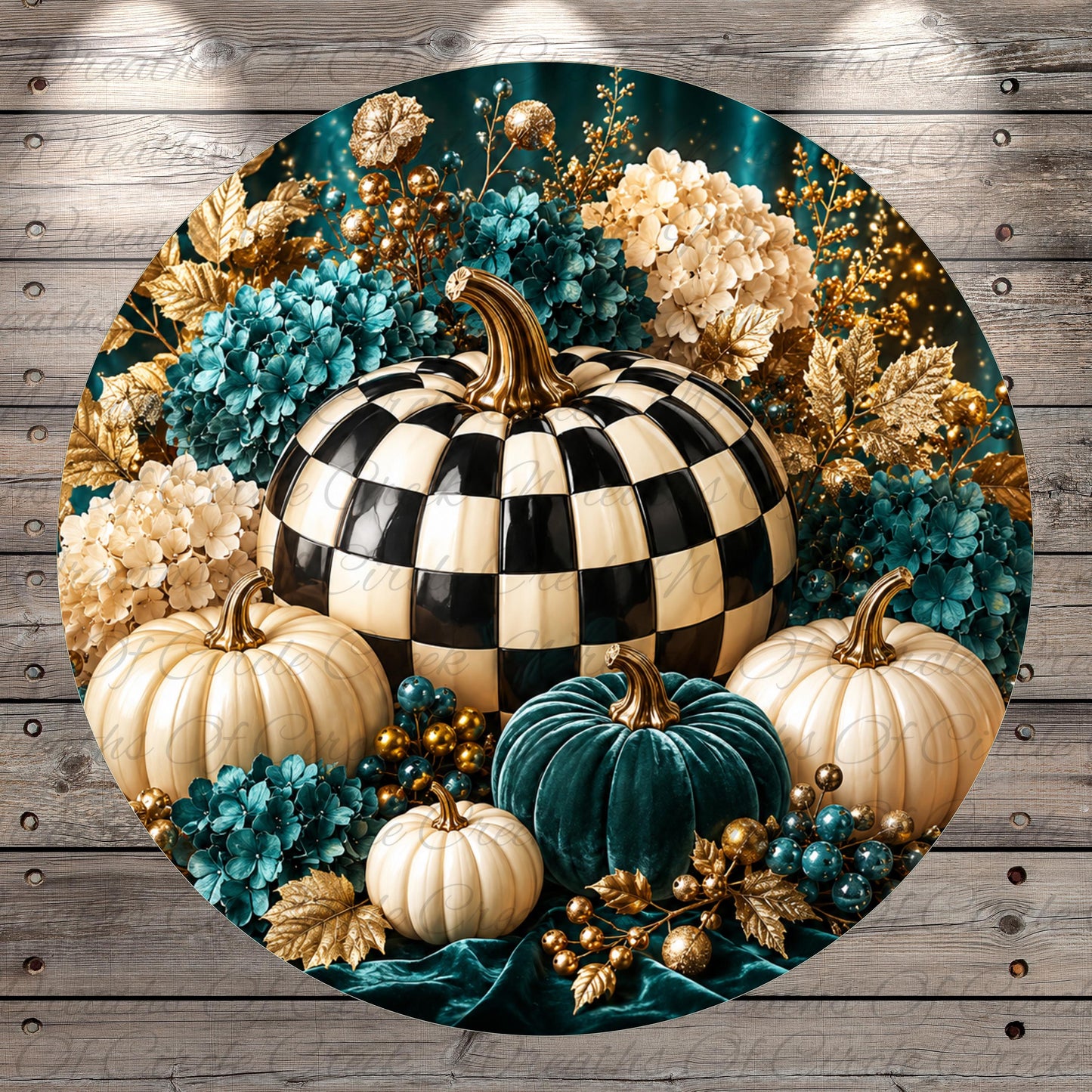 A decorative arrangement of pumpkins, flowers, and other fall-themed elements, including a large black and white checkered pumpkin, surrounded by smaller pumpkins and flowers in shades of blue, gold, and white.