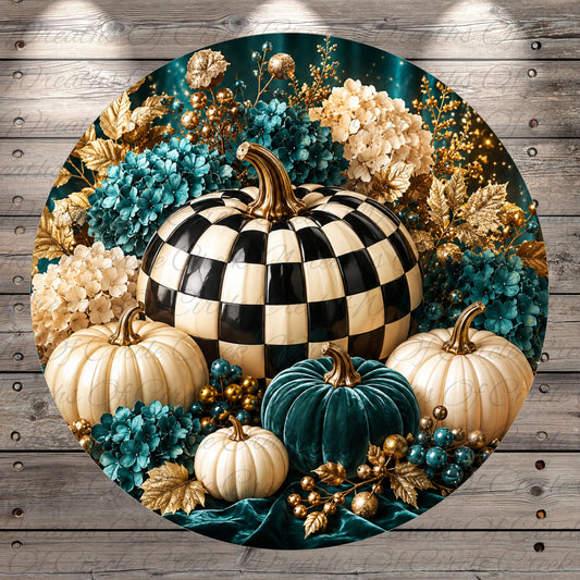 A decorative arrangement of pumpkins, flowers, and other fall-themed elements, including a large black and white checkered pumpkin, surrounded by smaller pumpkins and flowers in shades of blue, gold, and white.