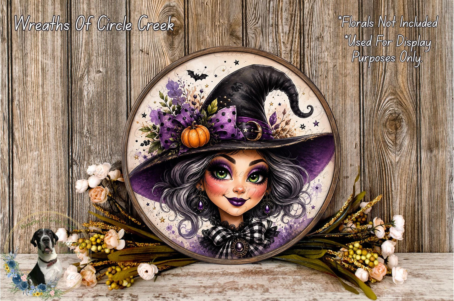 A round wall hanging featuring a cartoon illustration of a woman with purple hair and a witch's hat, surrounded by flowers and a pumpkin.