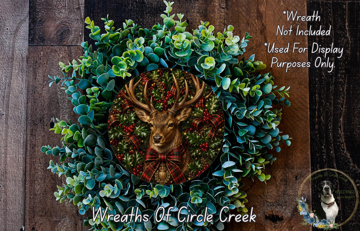 A wreath featuring a deer head surrounded by greenery, with a text overlay that reads "Wreath Not Included * Used For Display Purposes Only" and "Wreaths Of Circle Creek".