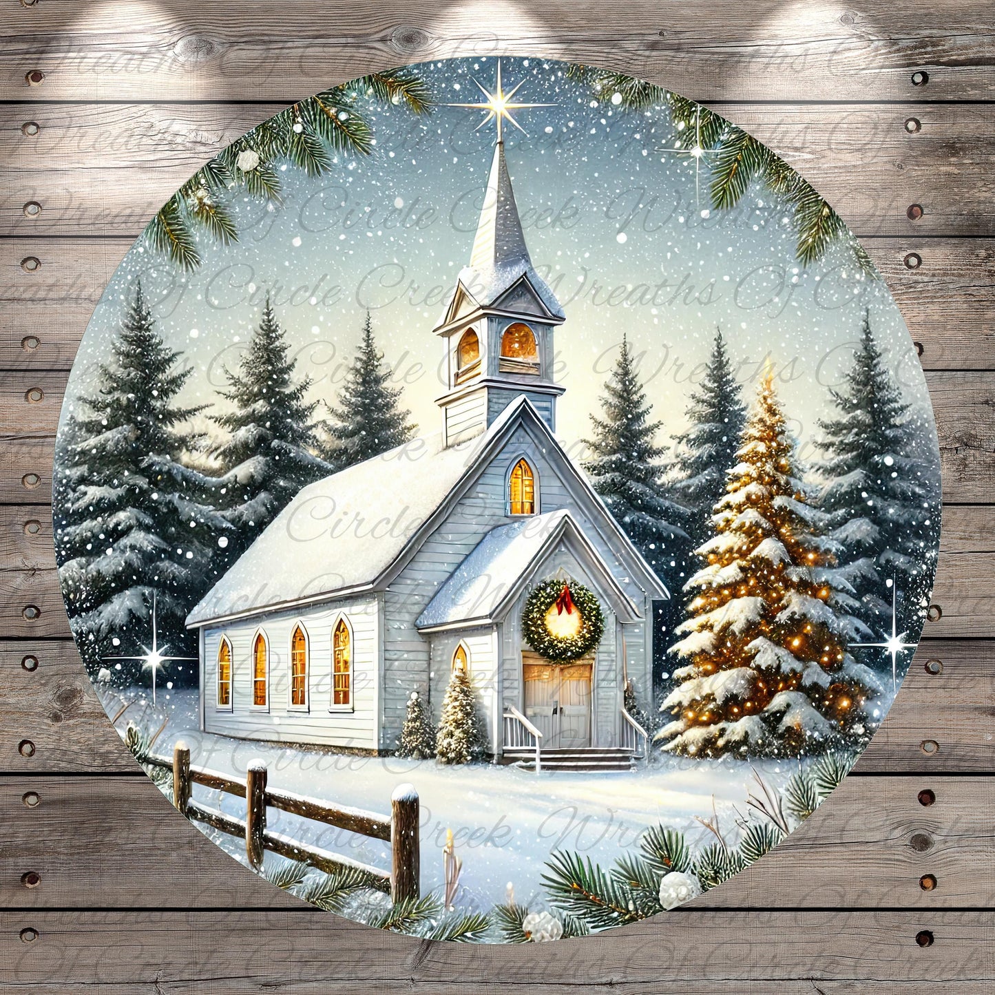 A white church with a steeple and a wreath on the front door, surrounded by snow-covered pine trees and a starry night sky.