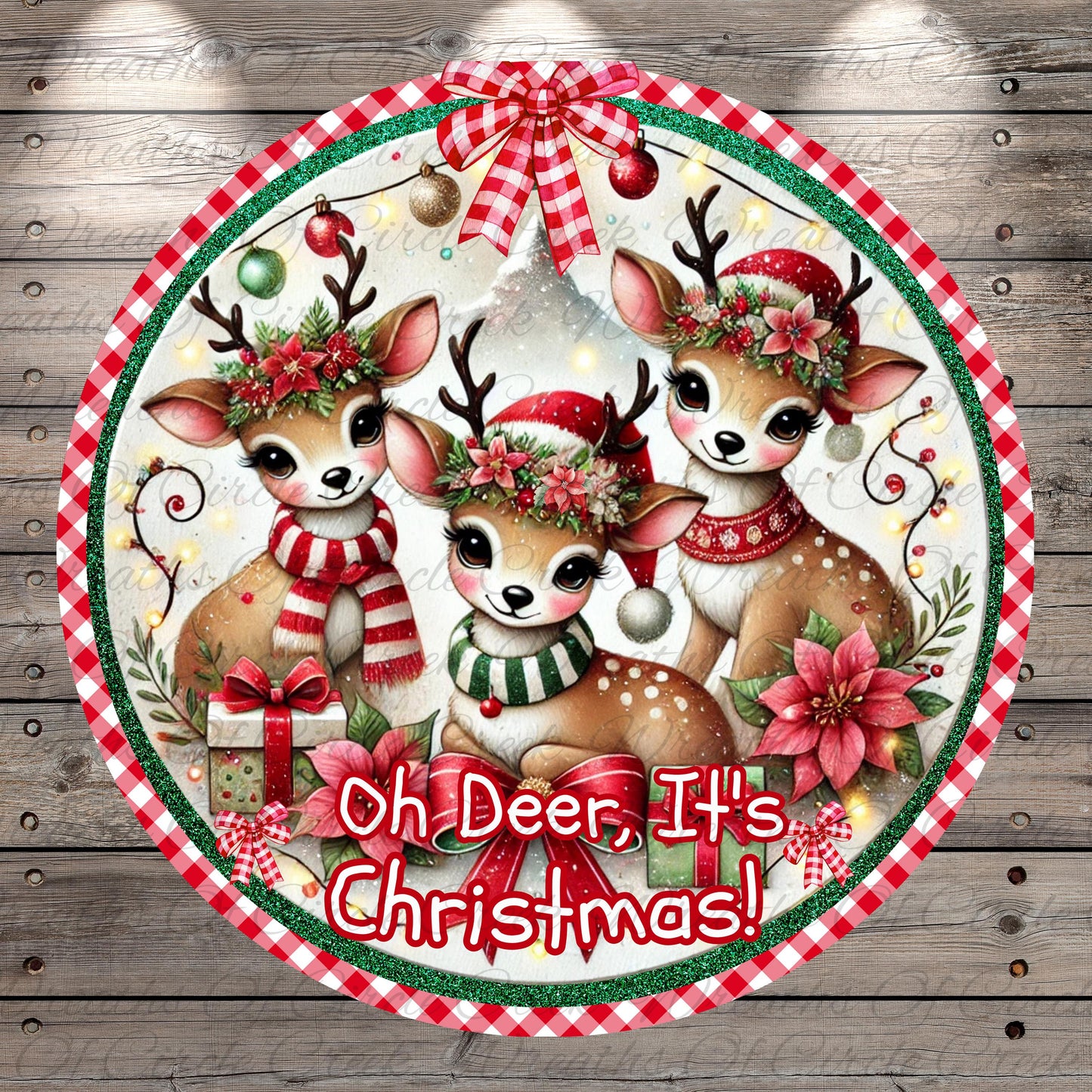 A festive Christmas-themed image featuring three adorable deer wearing Santa hats and scarves, surrounded by holiday decorations such as ornaments, tinsel, and a bow.