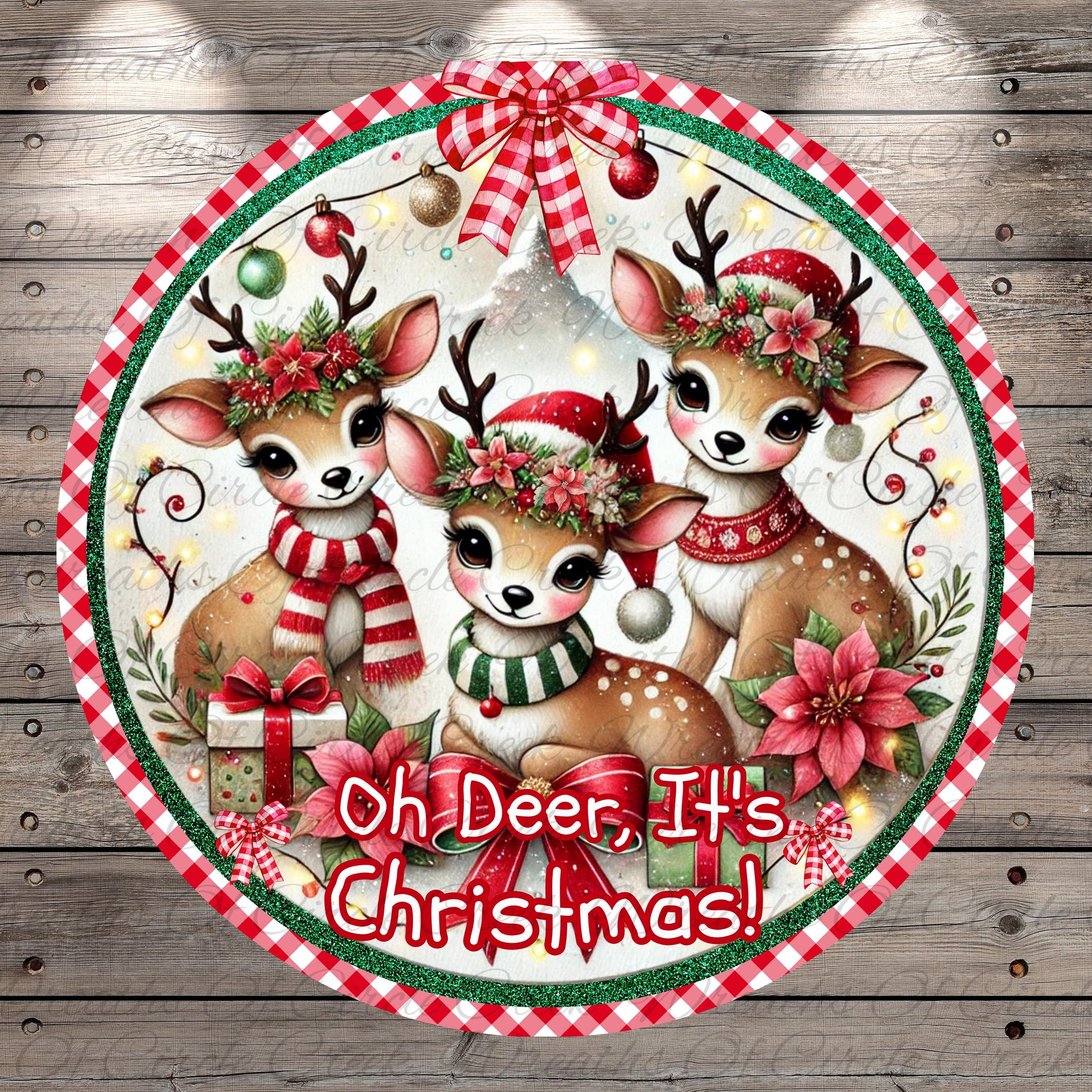 A festive Christmas-themed image featuring three adorable deer wearing Santa hats and scarves, surrounded by holiday decorations such as ornaments, tinsel, and a bow.