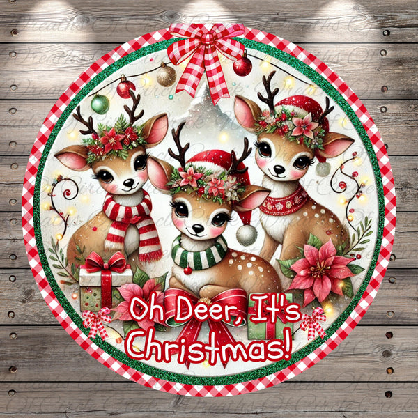 A festive Christmas-themed image featuring three adorable deer wearing Santa hats and scarves, surrounded by holiday decorations such as ornaments, tinsel, and a bow.