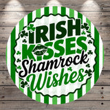 a circular design with the text "IRISH KISSES Shamrock Wishes" written in a stylized font.