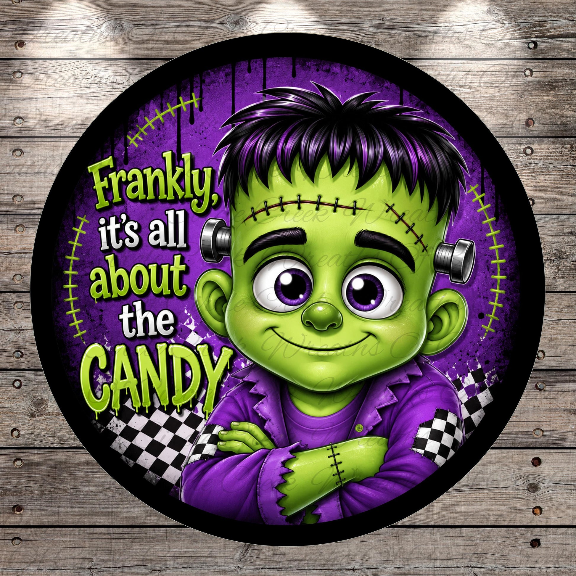 A round sticker featuring a cartoonish green monster with purple hair and a purple outfit, with the text "Frankly, it's all about the candy" written around the edges.