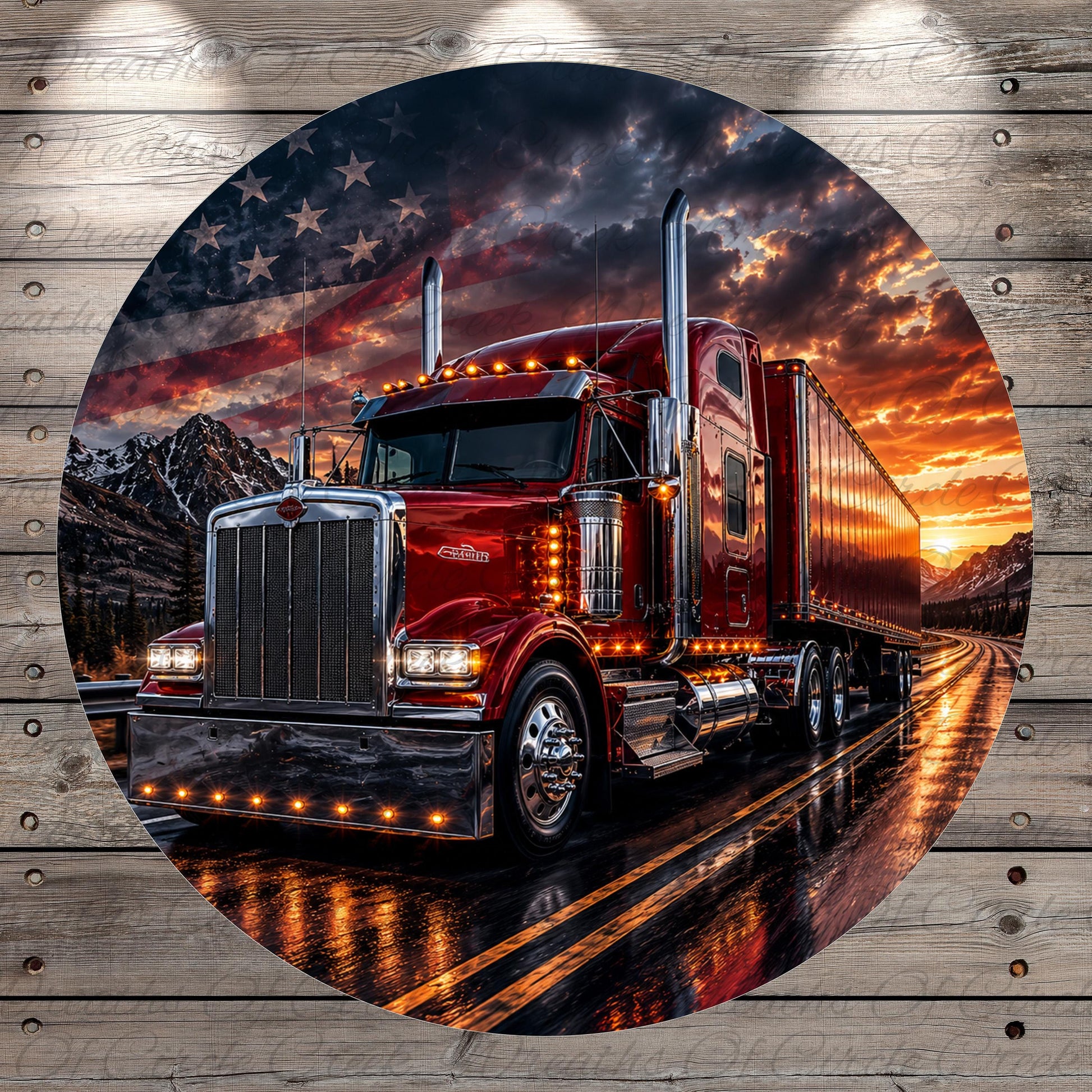 A large red semi-truck is driving on a road with a mountainous landscape in the background, under a dramatic sky with clouds and a sunset.
