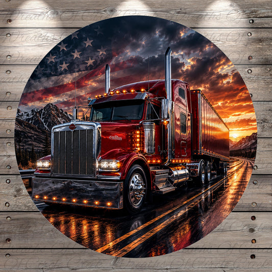 A large red semi-truck is driving on a road with a mountainous landscape in the background, under a dramatic sky with clouds and a sunset.