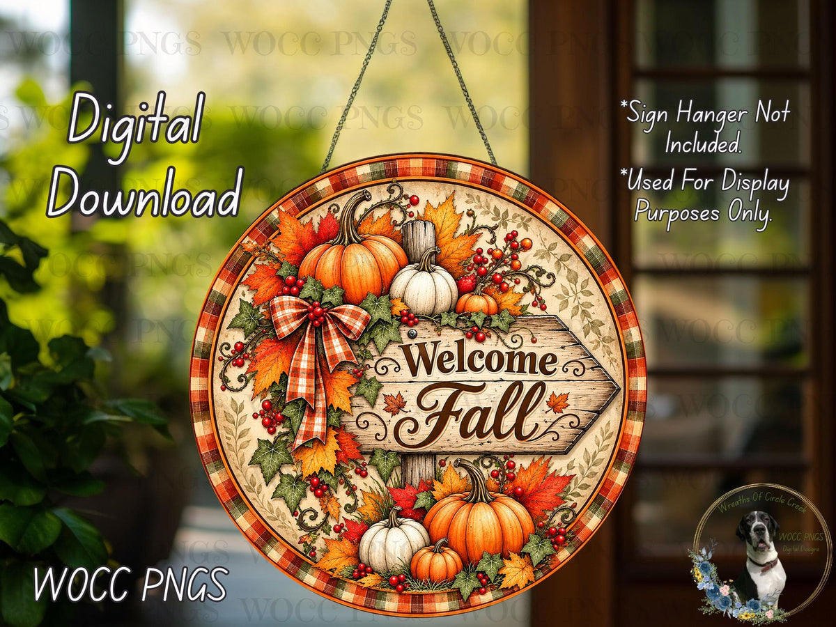 The image is a digital download of a welcome sign featuring autumn decorations such as pumpkins, leaves, and a bow.