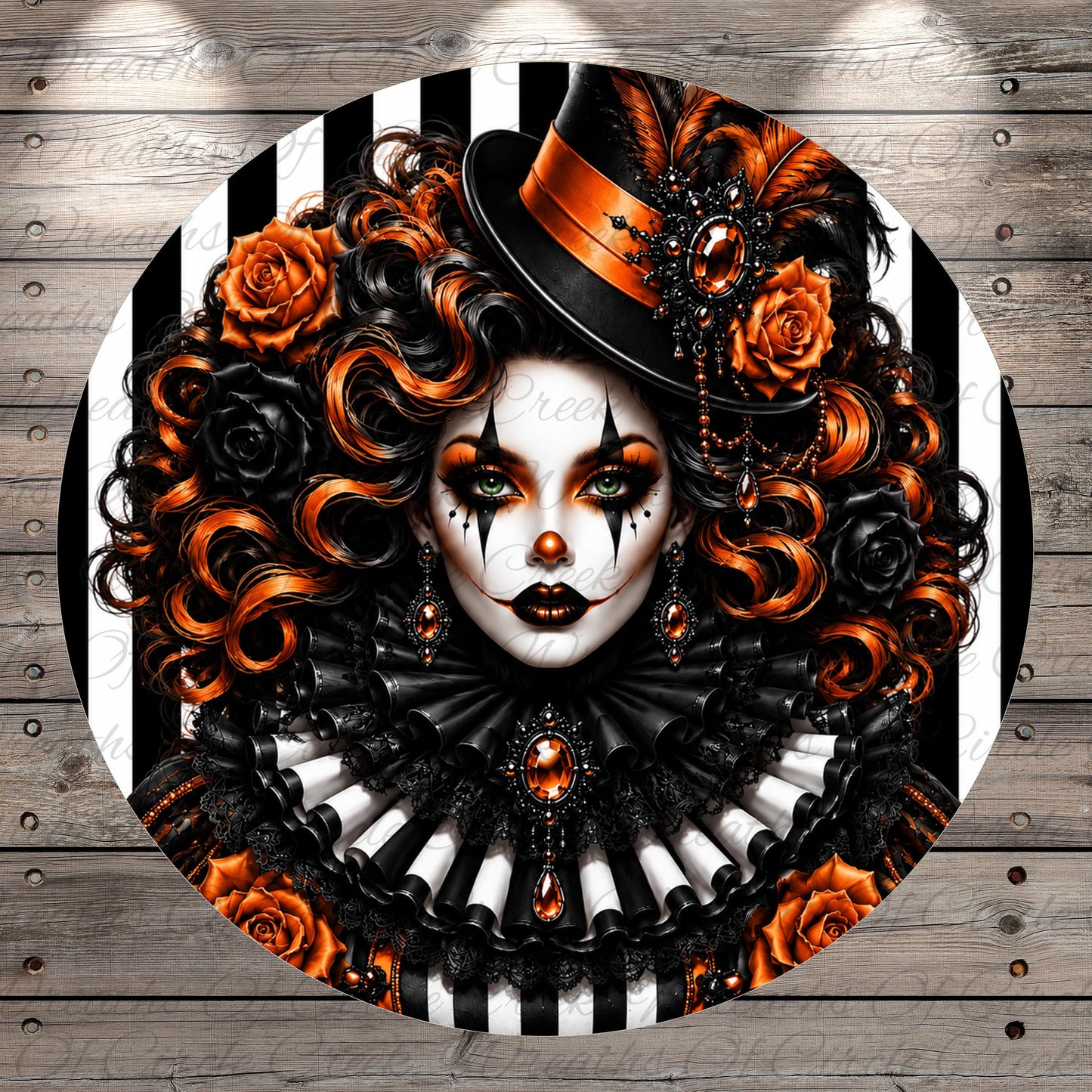 A digital illustration of a woman with elaborate makeup and an ornate hat, surrounded by a striking black and white striped pattern.