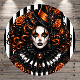 A digital illustration of a woman with elaborate makeup and an ornate hat, surrounded by a striking black and white striped pattern.
