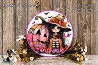 A Halloween-themed wreath with a pumpkin and a young girl wearing a witch's hat, surrounded by flowers and a wooden background.