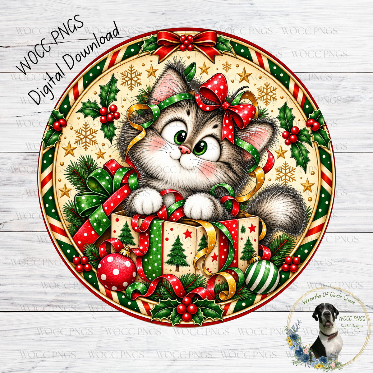 A festive Christmas-themed illustration featuring a cute gray and white cat wearing a red bow, surrounded by holiday decorations such as holly, berries, and ornaments.